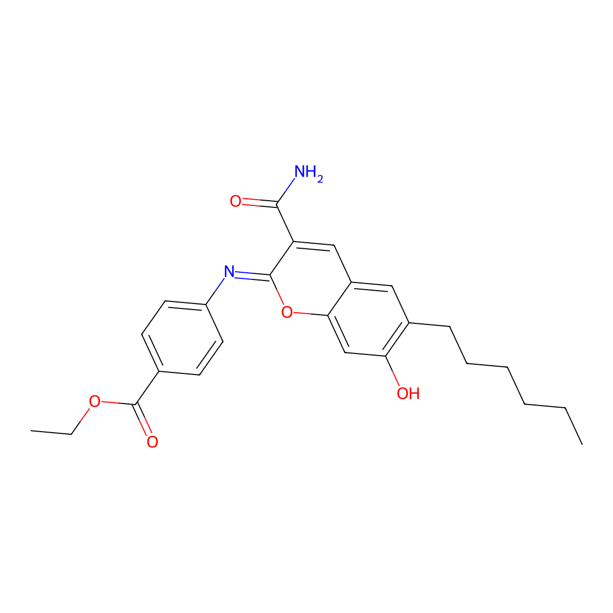 ethyl 4-{[(2Z)-3-carbamoyl-6-hexyl-7-hydroxy-2H-chromen-2-ylidene]amino}benzoate molecular structure, CAS 330157-61-4