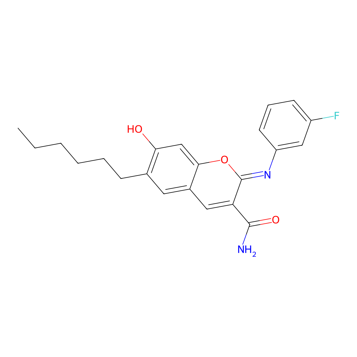 (2Z)-2-[(3-fluorophenyl)imino]-6-hexyl-7-hydroxy-2H-chromene-3-carboxamide molecular structure, CAS 330158-48-0