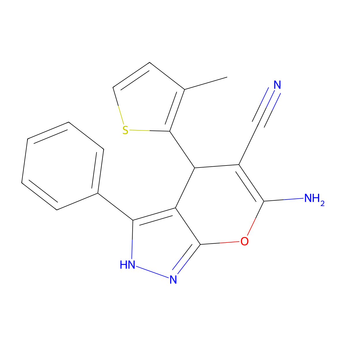 6-Amino-4-(3-methyl-2-thienyl)-3-phenyl-1,4-dihydropyrano[2,3-c]pyrazole-5-carbonitrile molecular structure, CAS 330158-67-3