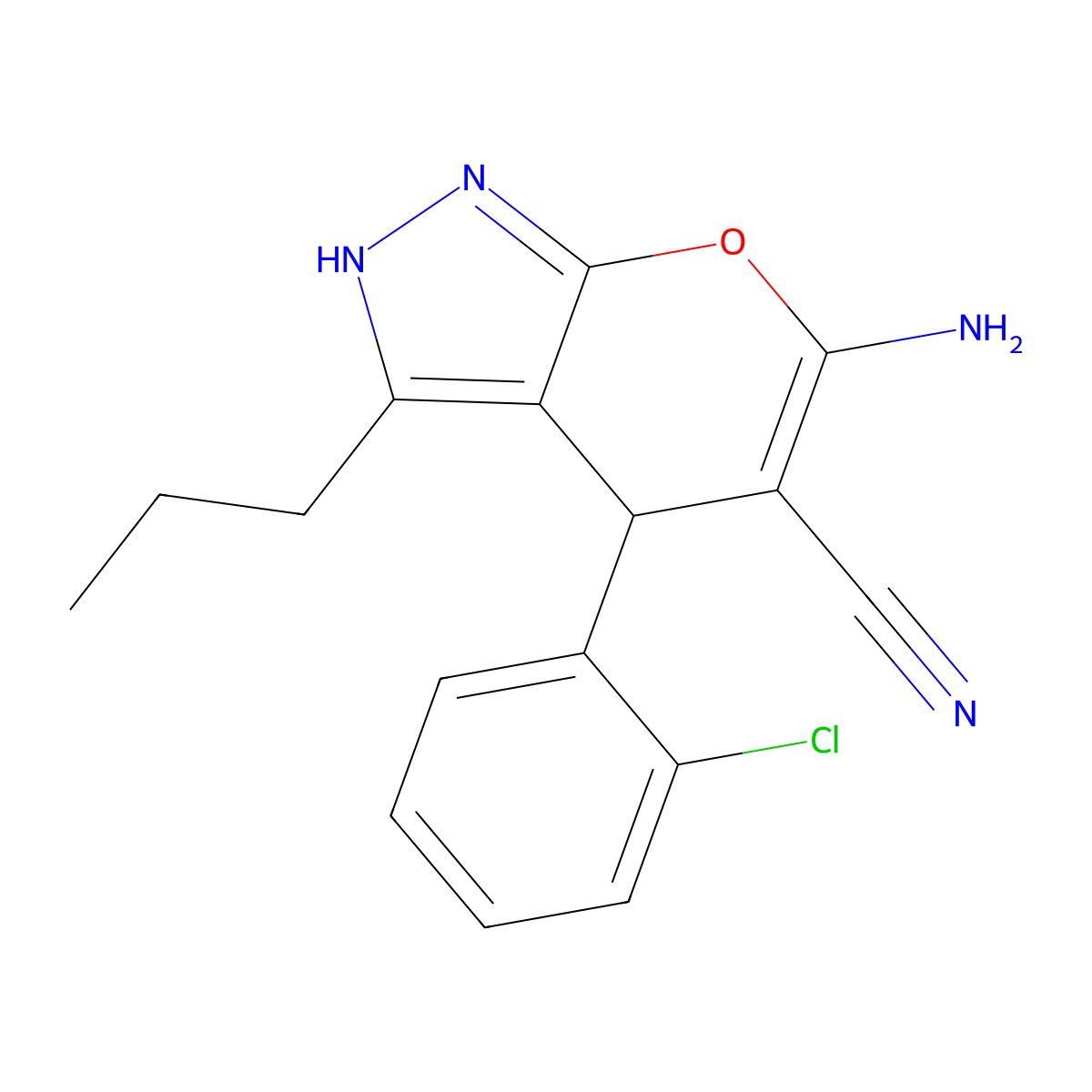 6-Amino-4-(2-chlorophenyl)-3-propyl-1,4-dihydropyrano[2,3-c]pyrazole-5-carbonitrile molecular structure, CAS 330158-68-4