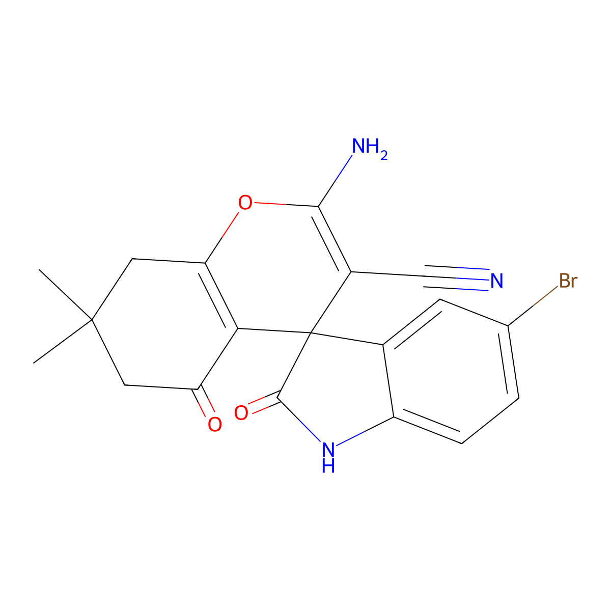 2-Amino-5'-bromo-7,7-dimethyl-2',5-dioxo-1',2',5,6,7,8-hexahydrospiro[chromene-4,3'-indole]-3-carbonitrile molecular structure, CAS 330158-80-0