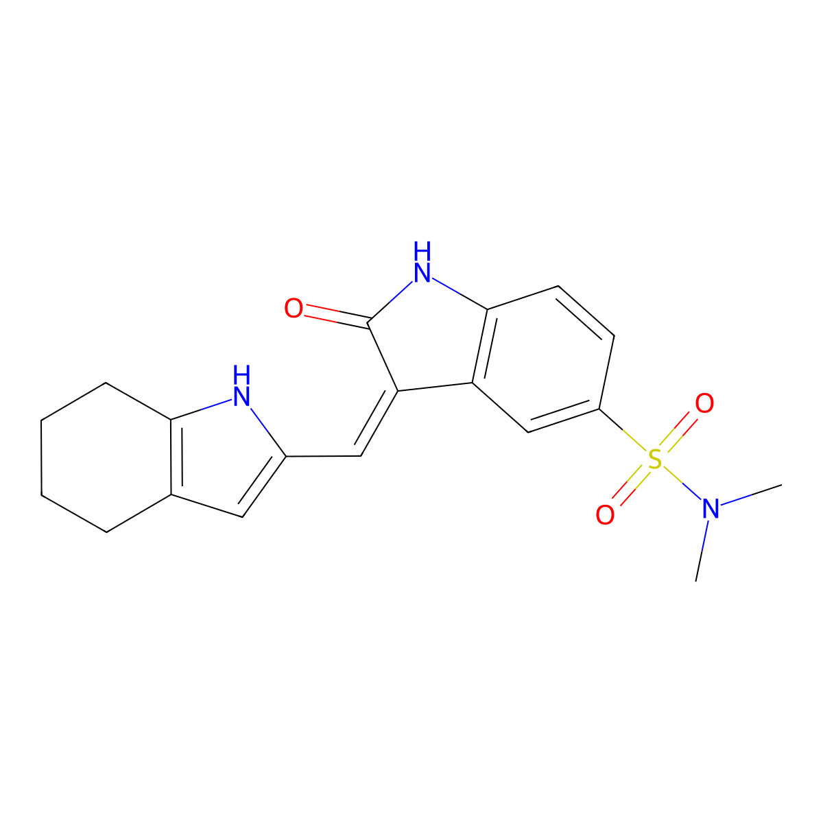 2,3-dihydro-N,N-dimethyl-2-oxo-3-((4,5,6,7-tetrahydro-1H-indol-2-yl)methylene)-1H-Indole-5-sulfonamide molecular structure, CAS 330161-87-0