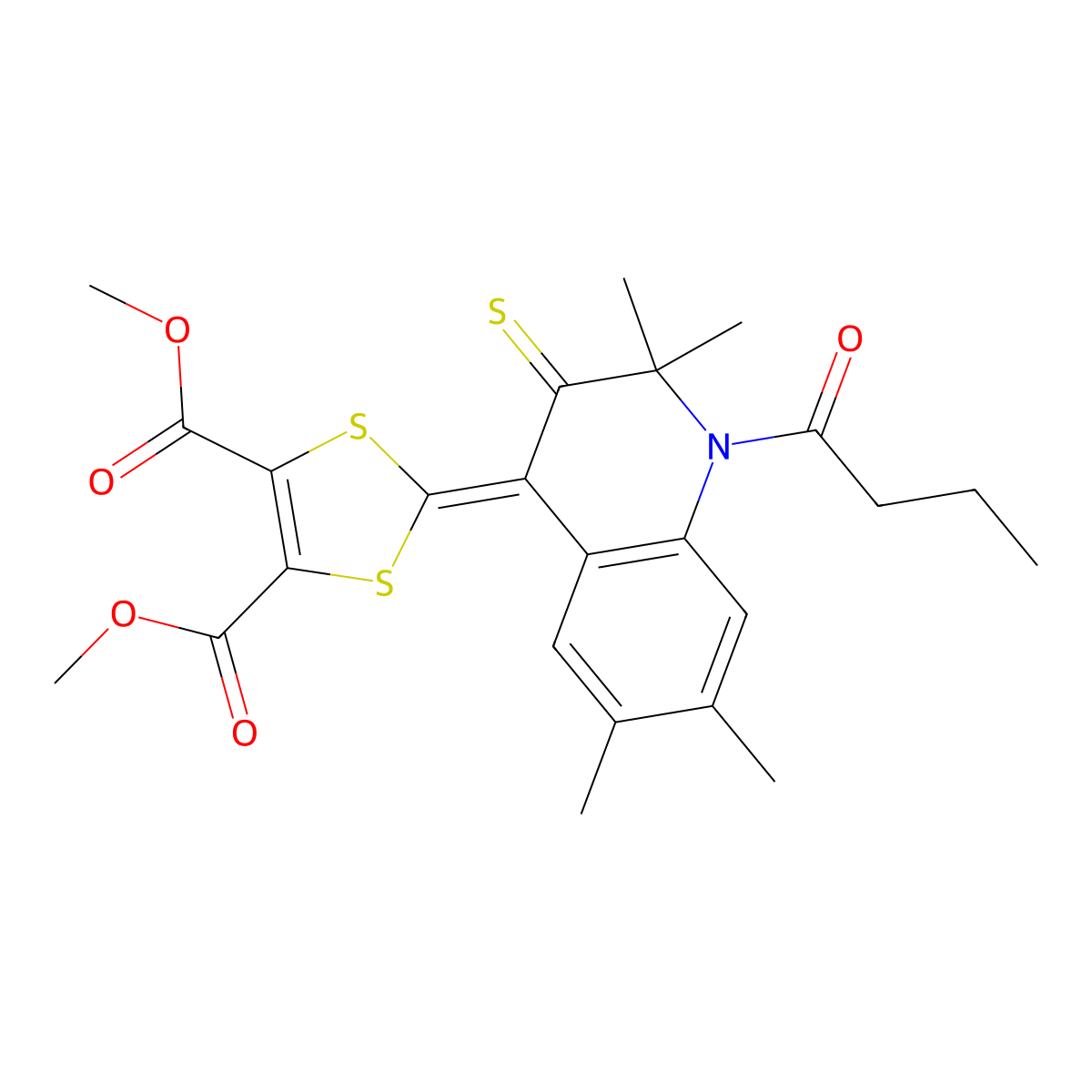 Dimethyl 2-(1-butanoyl-2,2,6,7-tetramethyl-3-sulfanylidenequinolin-4-ylidene)-1,3-dithiole-4,5-dicarboxylate molecular structure, CAS 330179-19-6