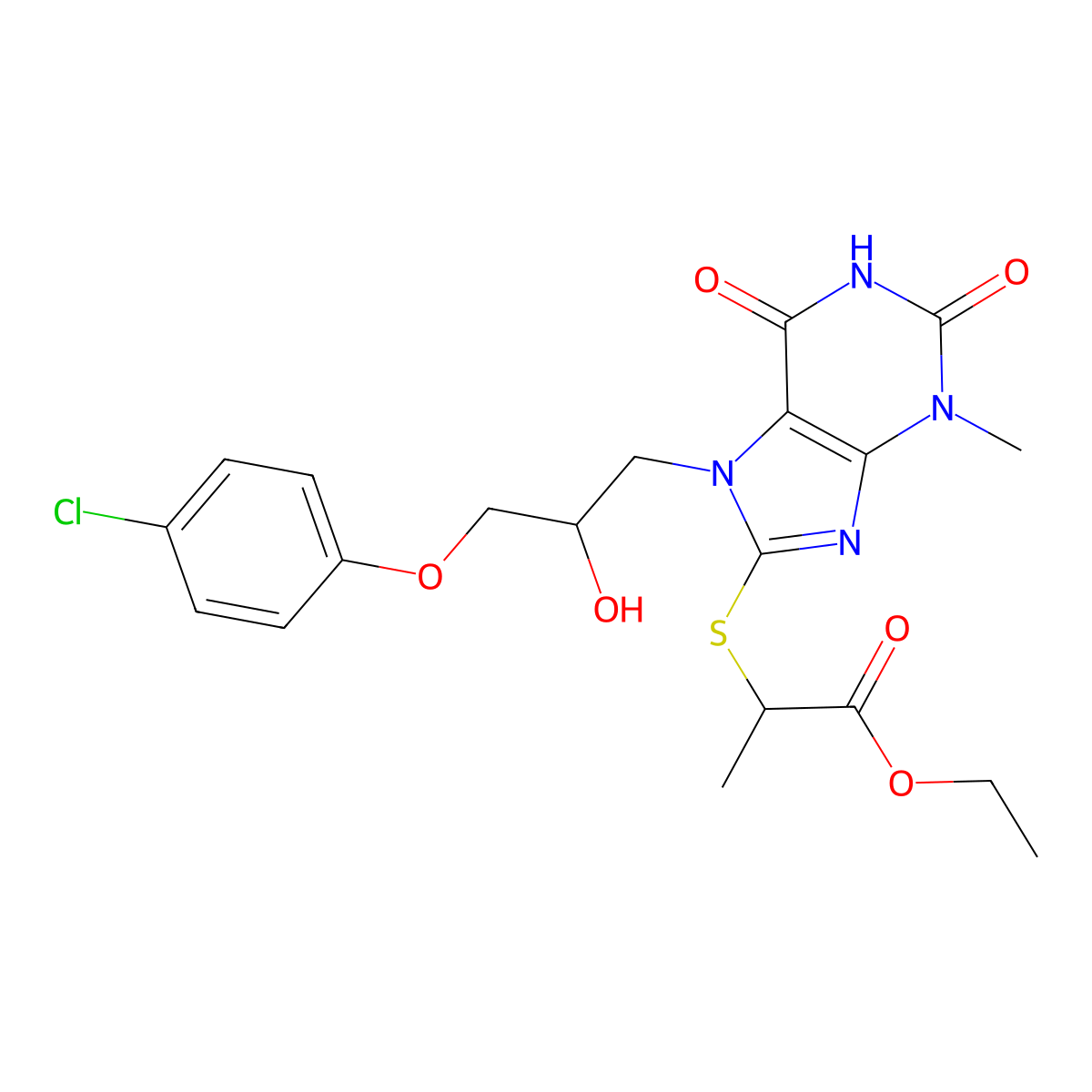 ethyl 2-({7-[3-(4-chlorophenoxy)-2-hydroxypropyl]-3-methyl-2,6-dioxo-2,3,6,7-tetrahydro-1H-purin-8-yl}sulfanyl)propanoate molecular structure, CAS 330179-43-6
