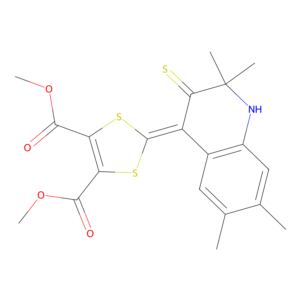 dimethyl 2-(2,2,6,7-tetramethyl-3-thioxo-2,3-dihydroquinolin-4(1H)-ylidene)-1,3-dithiole-4,5-dicarboxylate molecular structure, CAS 330179-47-0