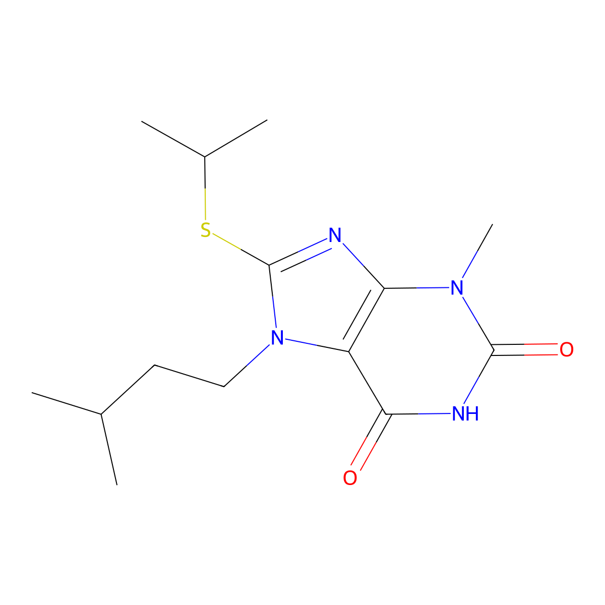 7-isopentyl-8-(isopropylthio)-3-methyl-1H-purine-2,6(3H,7H)-dione molecular structure, CAS 330179-53-8