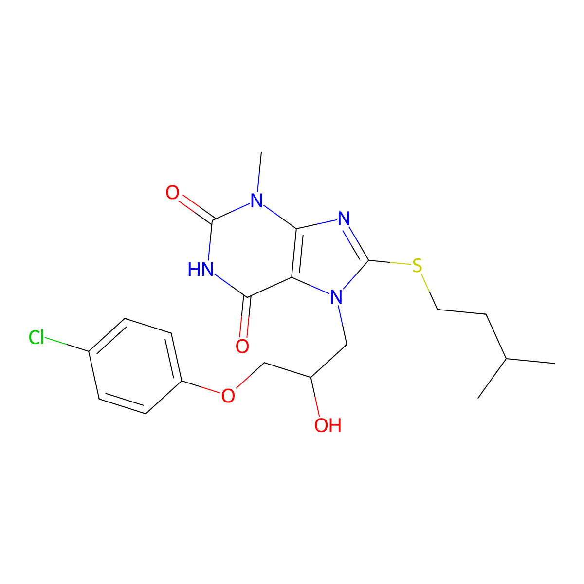 7-(3-(4-chlorophenoxy)-2-hydroxypropyl)-8-(isopentylthio)-3-methyl-1H-purine-2,6(3H,7H)-dione molecular structure, CAS 330179-59-4