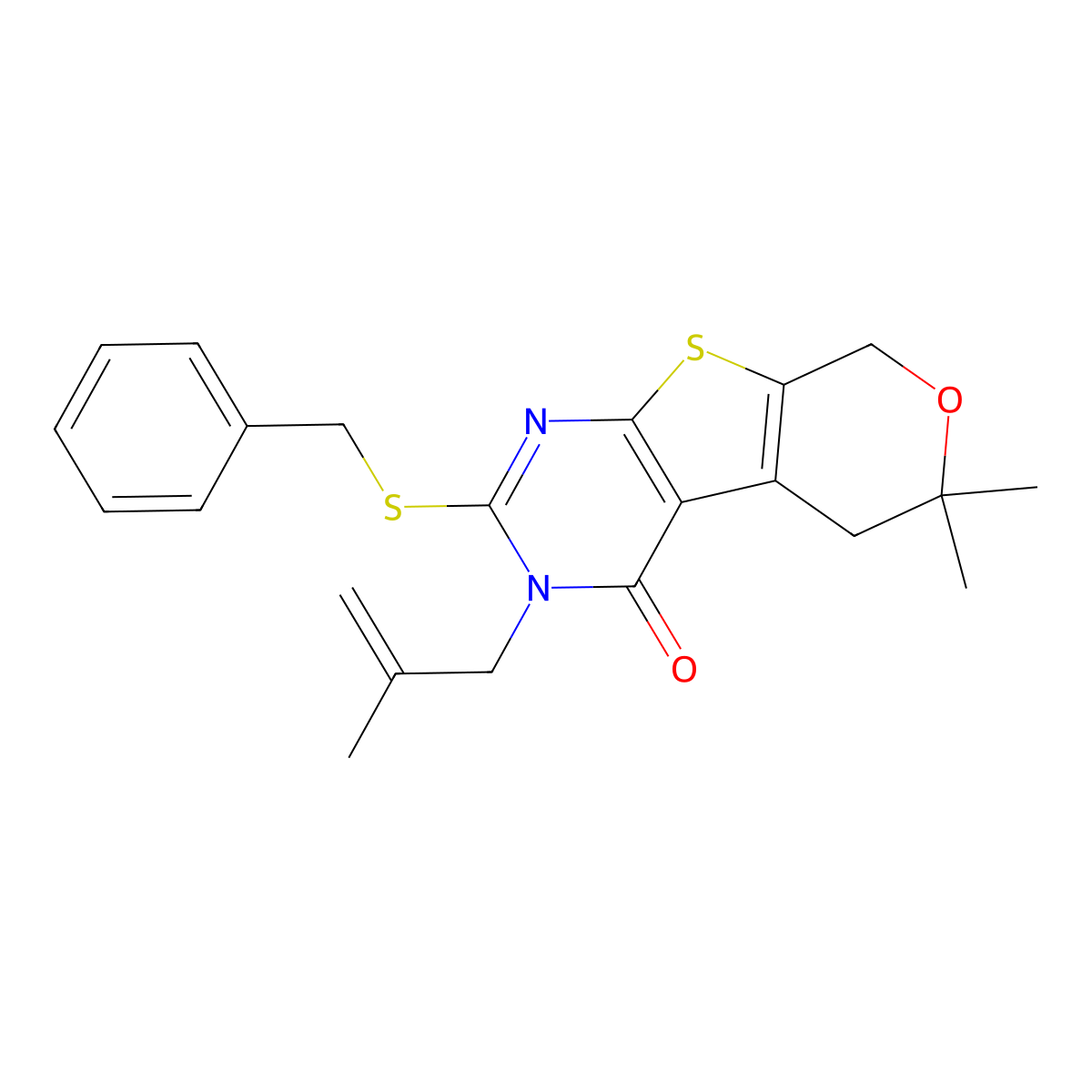 2-(benzylsulfanyl)-6,6-dimethyl-3-(2-methyl-2-propenyl)-3,5,6,8-tetrahydro-4H-pyrano[4',3':4,5]thieno[2,3-d]pyrimidin-4-one molecular structure, CAS 330179-76-5
