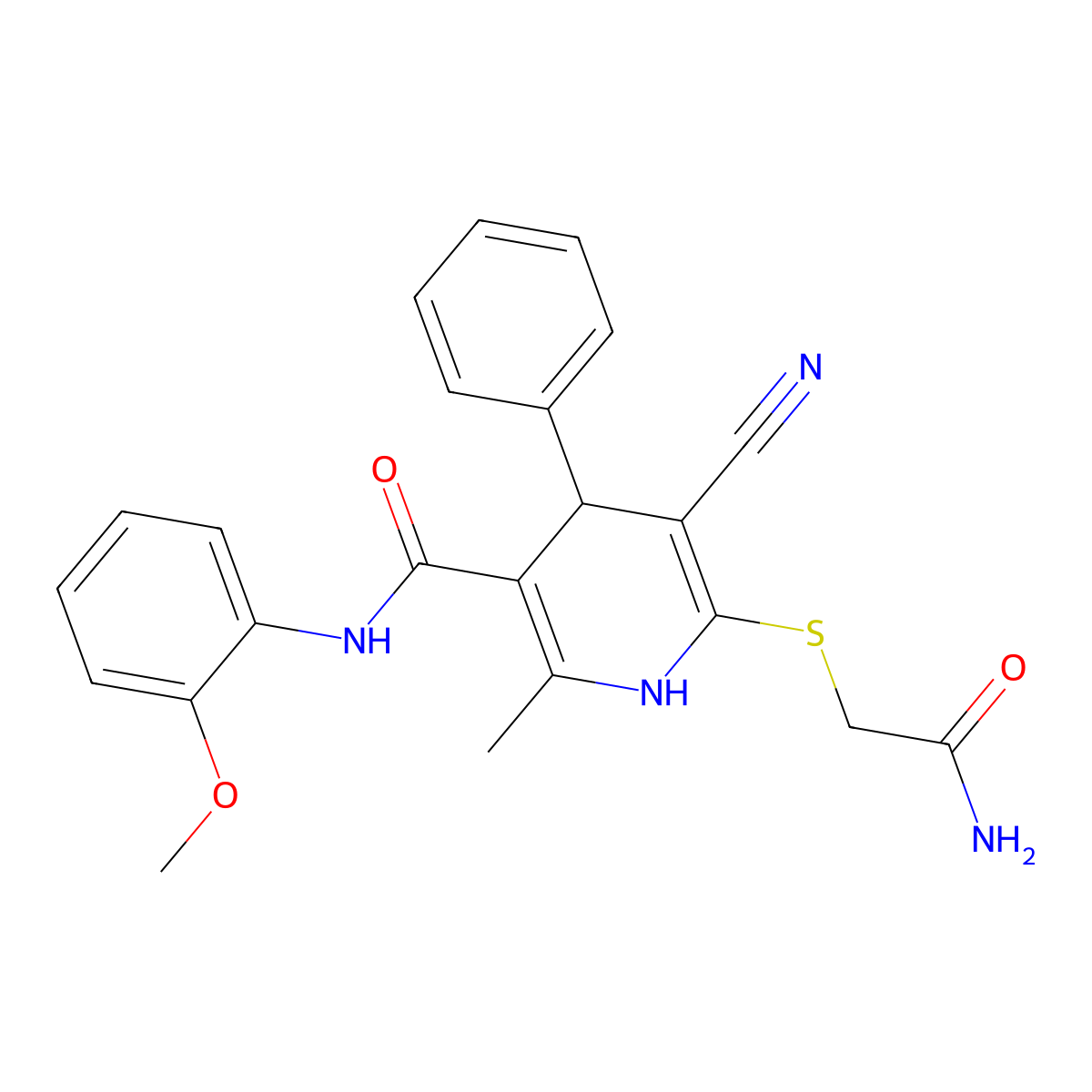 6-((2-amino-2-oxoethyl)thio)-5-cyano-N-(2-methoxyphenyl)-2-methyl-4-phenyl-1,4-dihydropyridine-3-carboxamide molecular structure, CAS 330179-87-8
