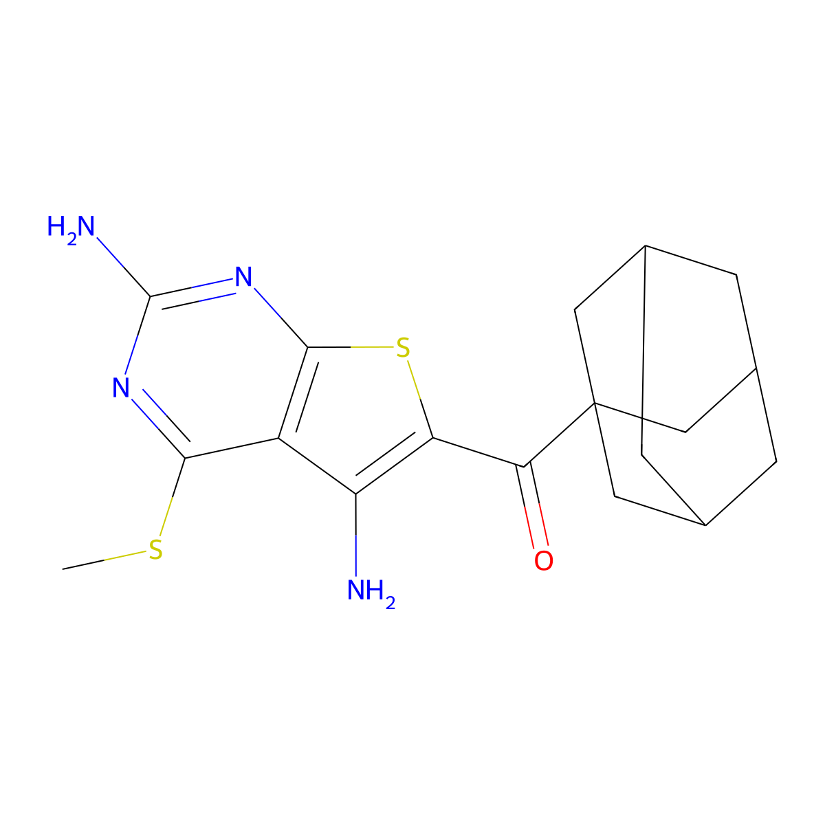 1-Adamantyl-(2,5-diamino-4-methylsulfanylthieno[2,3-d]pyrimidin-6-yl)methanone molecular structure, CAS 330180-22-8