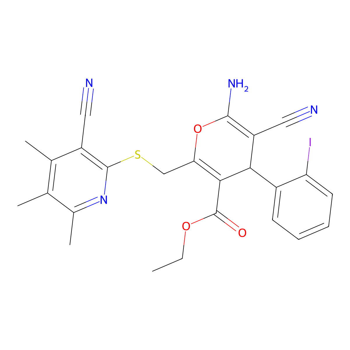 ethyl 6-amino-5-cyano-2-{[(3-cyano-4,5,6-trimethylpyridin-2-yl)sulfanyl]methyl}-4-(2-iodophenyl)-4H-pyran-3-carboxylate molecular structure, CAS 330180-52-4