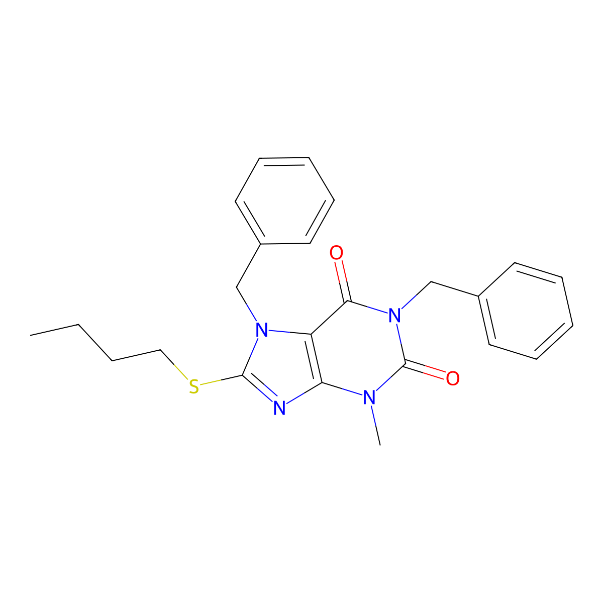 1,7-Dibenzyl-8-butylsulfanyl-3-methylpurine-2,6-dione molecular structure, CAS 330180-69-3