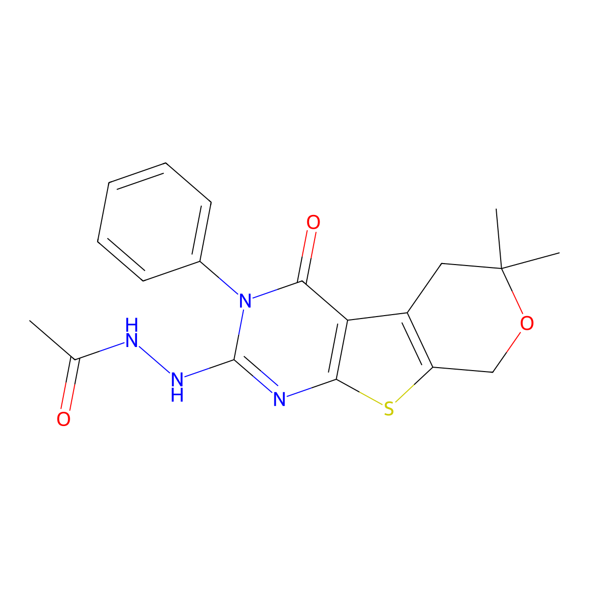 N'-(12,12-Dimethyl-3-oxo-4-phenyl-11-oxa-8-thia-4,6-diazatricyclo[7.4.0.02,7]trideca-1(9),2(7),5-trien-5-yl)acetohydrazide molecular structure, CAS 330180-76-2