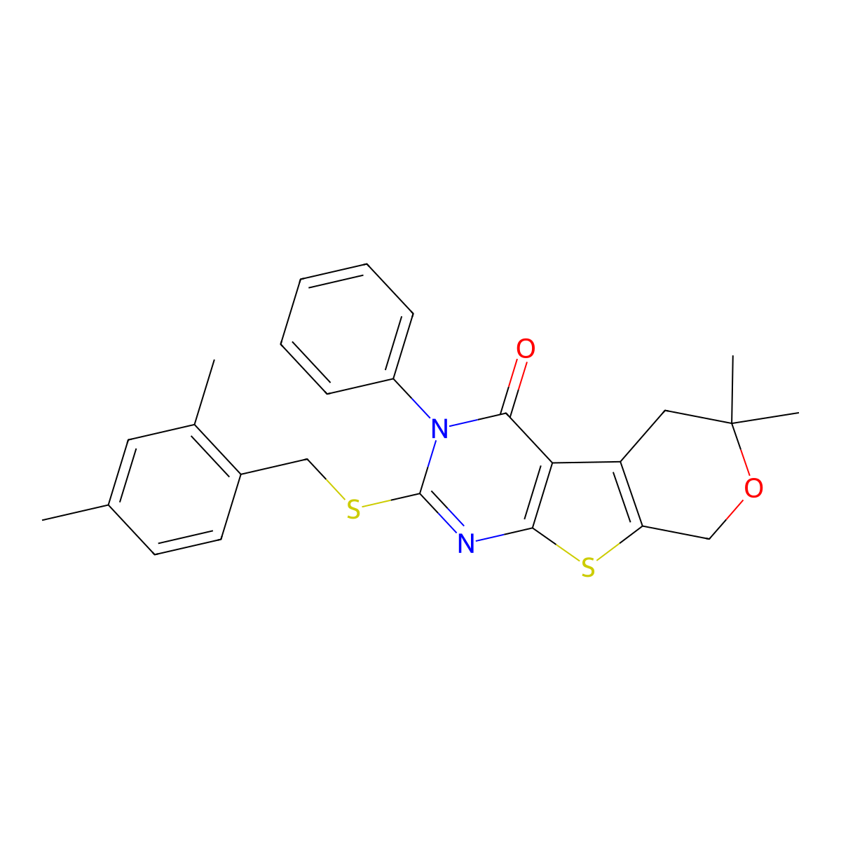 2-[(2,4-dimethylbenzyl)sulfanyl]-6,6-dimethyl-3-phenyl-3,5,6,8-tetrahydro-4H-pyrano[4',3':4,5]thieno[2,3-d]pyrimidin-4-one molecular structure, CAS 330181-12-9