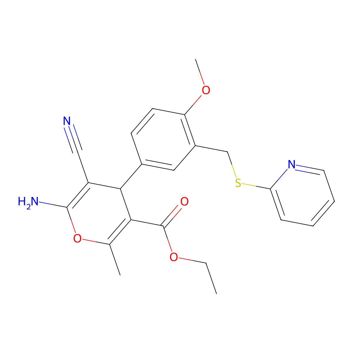 ethyl 6-amino-5-cyano-4-{4-methoxy-3-[(2-pyridinylsulfanyl)methyl]phenyl}-2-methyl-4H-pyran-3-carboxylate molecular structure, CAS 330181-26-5