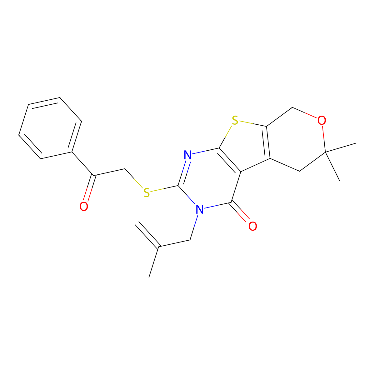 6,6-Dimethyl-3-(2-methylprop-2-enyl)-2-phenacylsulfanyl-5,8-dihydropyrano[2,3]thieno[2,4-b]pyrimidin-4-one molecular structure, CAS 330181-60-7