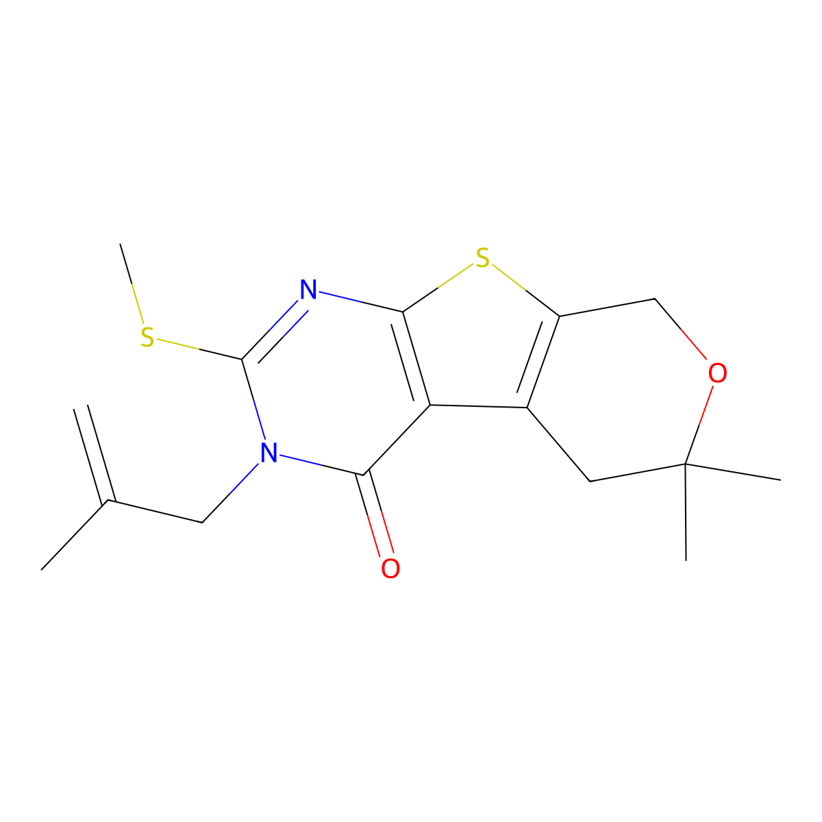 6,6-Dimethyl-3-(2-methylallyl)-2-(methylthio)-3,5,6,8-tetrahydro-4H-pyrano[4',3':4,5]thieno[2,3-d]pyrimidin-4-one molecular structure, CAS 330181-93-6