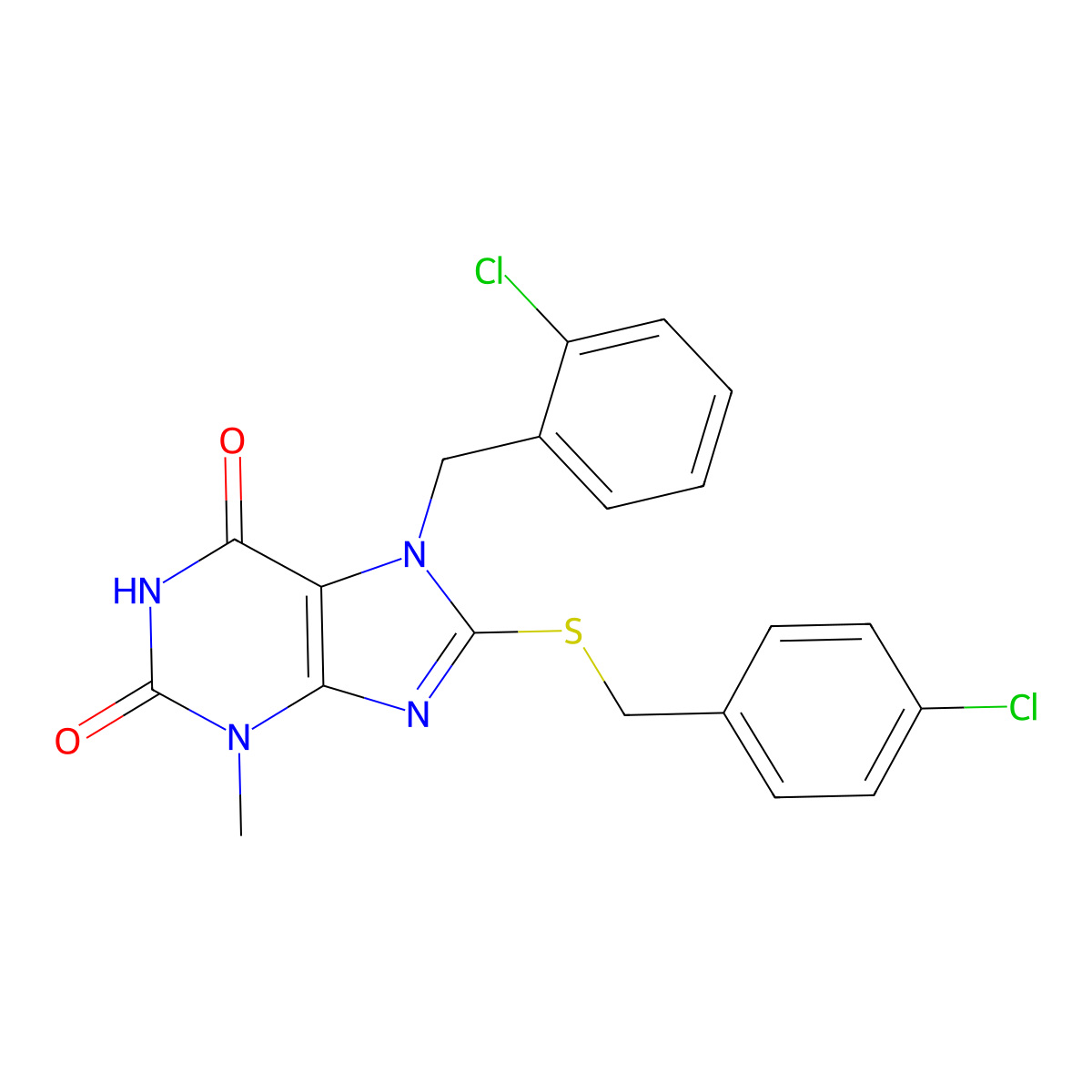 7-(2-chlorobenzyl)-8-[(4-chlorobenzyl)sulfanyl]-3-methyl-3,7-dihydro-1H-purine-2,6-dione molecular structure, CAS 330181-99-2