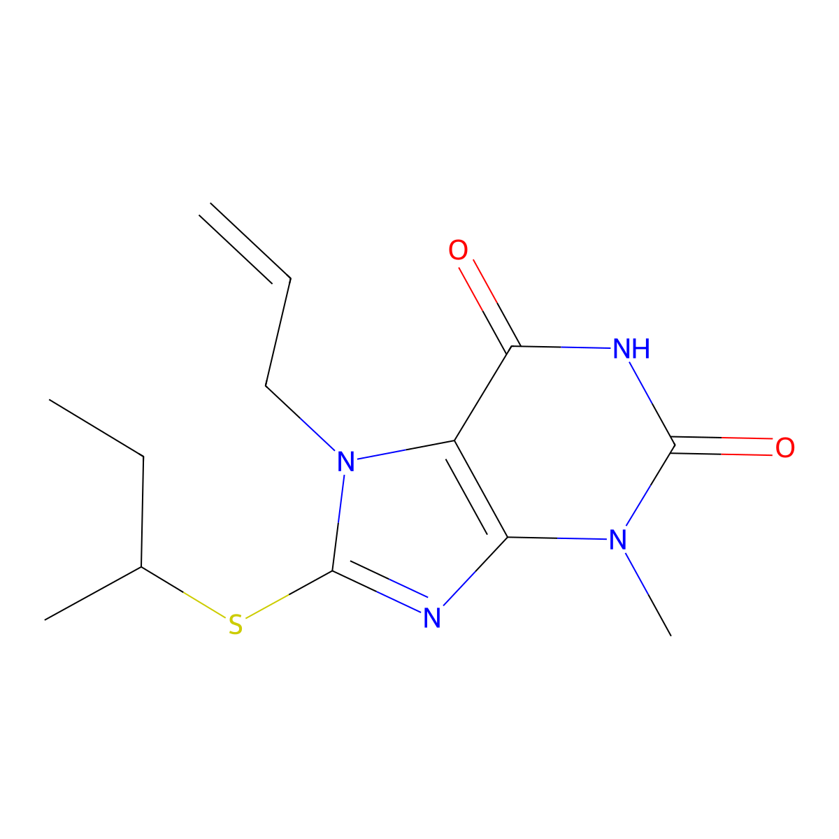 8-Butan-2-ylsulfanyl-3-methyl-7-prop-2-enylpurine-2,6-dione molecular structure, CAS 330182-30-4