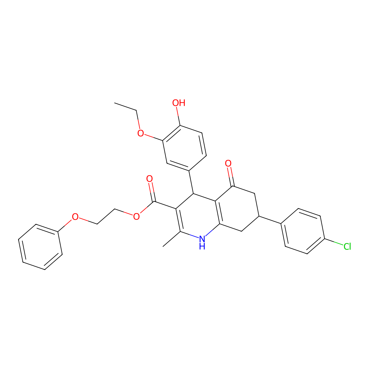 2-Phenoxyethyl 7-(4-chlorophenyl)-4-(3-ethoxy-4-hydroxyphenyl)-2-methyl-5-oxo-1,4,5,6,7,8-hexahydroquinoline-3-carboxylate molecular structure, CAS 330188-50-6