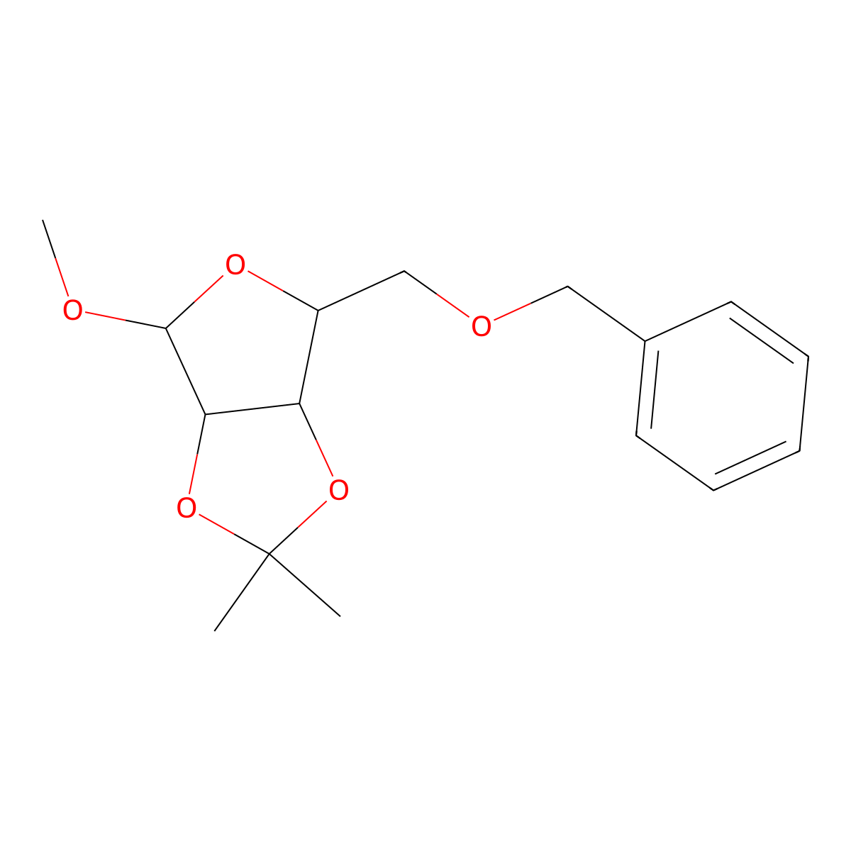 Methyl 5-O-benzyl-2,3-O-(1-methylethylidene)-beta-D-ribofuranoside molecular structure, CAS 33019-63-5