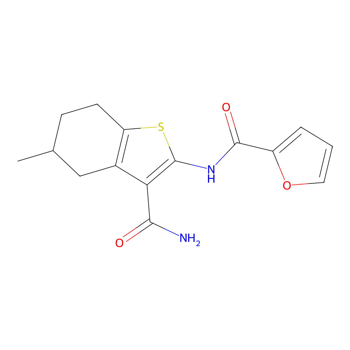 N-(3-carbamoyl-5-methyl-4,5,6,7-tetrahydro-1-benzothiophen-2-yl)furan-2-carboxamide molecular structure, CAS 330190-41-5