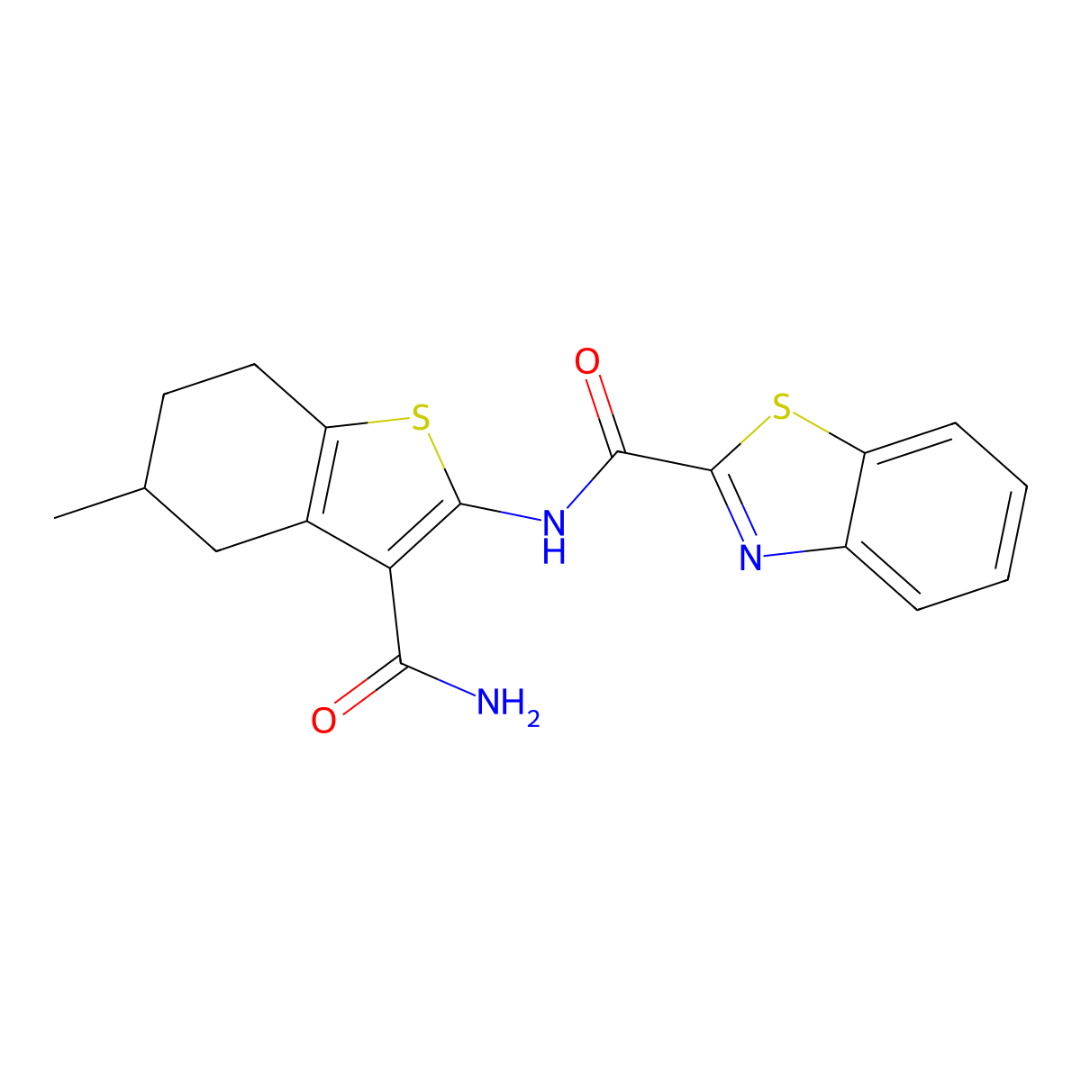 N-(3-carbamoyl-5-methyl-4,5,6,7-tetrahydro-1-benzothiophen-2-yl)-1,3-benzothiazole-2-carboxamide molecular structure, CAS 330190-44-8