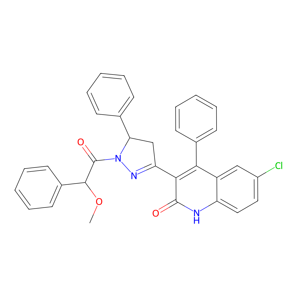 6-chloro-3-(1-(2-methoxy-2-phenylacetyl)-5-phenyl-4,5-dihydro-1H-pyrazol-3-yl)-4-phenylquinolin-2(1H)-one molecular structure, CAS 330202-26-1