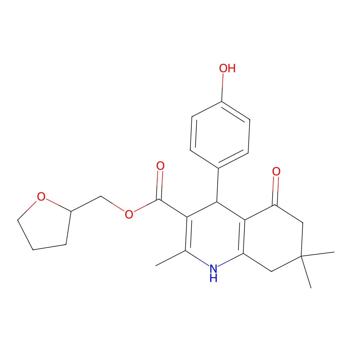 Tetrahydrofuran-2-ylmethyl 4-(4-hydroxyphenyl)-2,7,7-trimethyl-5-oxo-1,4,5,6,7,8-hexahydroquinoline-3-carboxylate molecular structure, CAS 330202-72-7