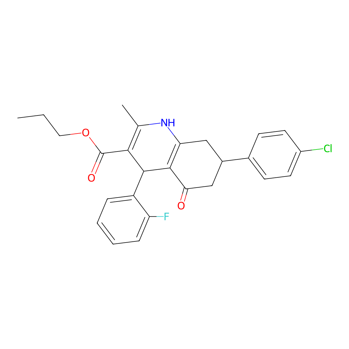 Propyl 7-(4-chlorophenyl)-4-(2-fluorophenyl)-2-methyl-5-oxo-1,4,5,6,7,8-hexahydroquinoline-3-carboxylate molecular structure, CAS 330208-64-5