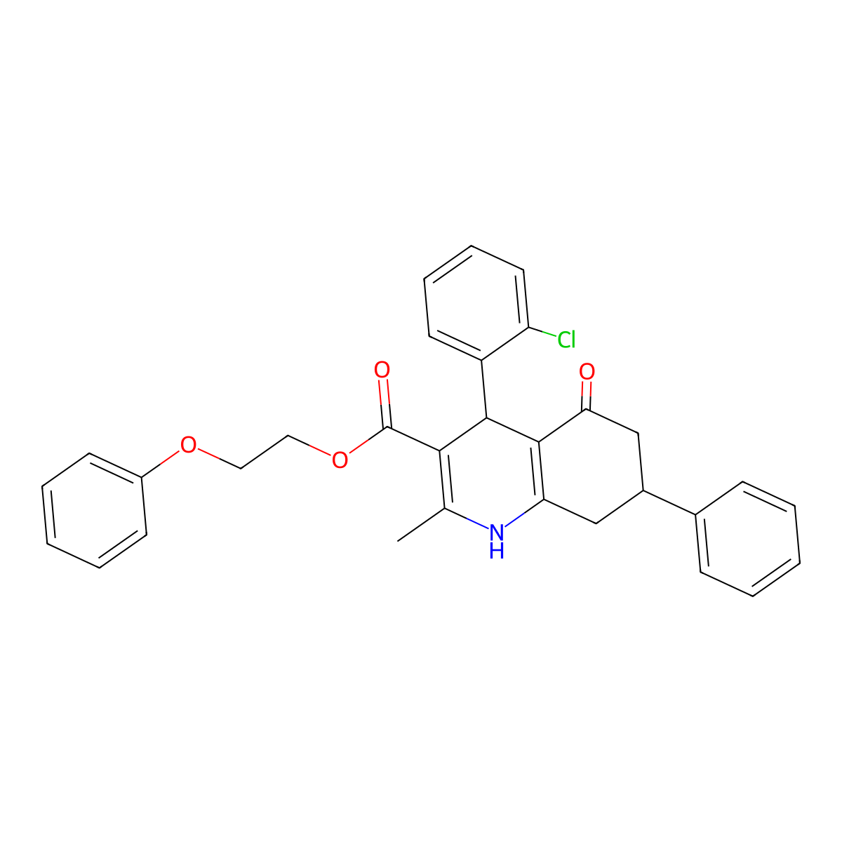 2-Phenoxyethyl 4-(2-chlorophenyl)-2-methyl-5-oxo-7-phenyl-1,4,5,6,7,8-hexahydroquinoline-3-carboxylate molecular structure, CAS 330208-67-8