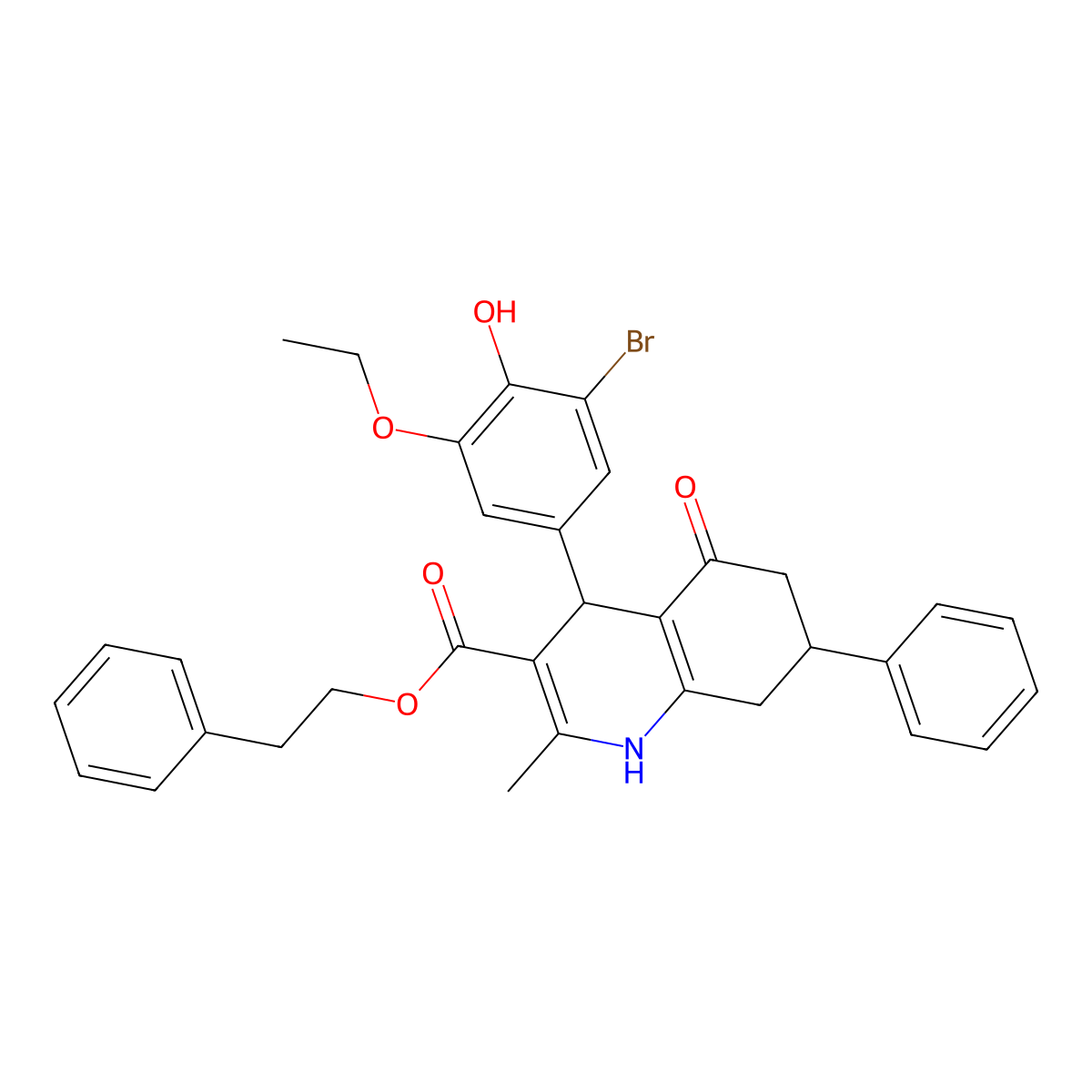 2-Phenylethyl 4-(3-bromo-5-ethoxy-4-hydroxyphenyl)-2-methyl-5-oxo-7-phenyl-1,4,5,6,7,8-hexahydroquinoline-3-carboxylate molecular structure, CAS 330208-78-1