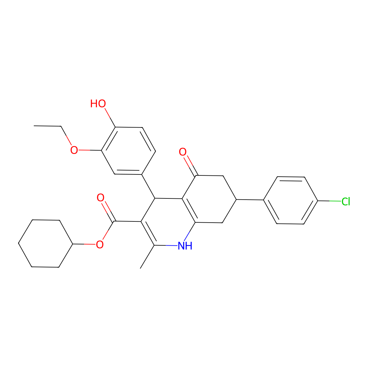 Cyclohexyl 7-(4-chlorophenyl)-4-(3-ethoxy-4-hydroxyphenyl)-2-methyl-5-oxo-1,4,5,6,7,8-hexahydroquinoline-3-carboxylate molecular structure, CAS 330208-90-7