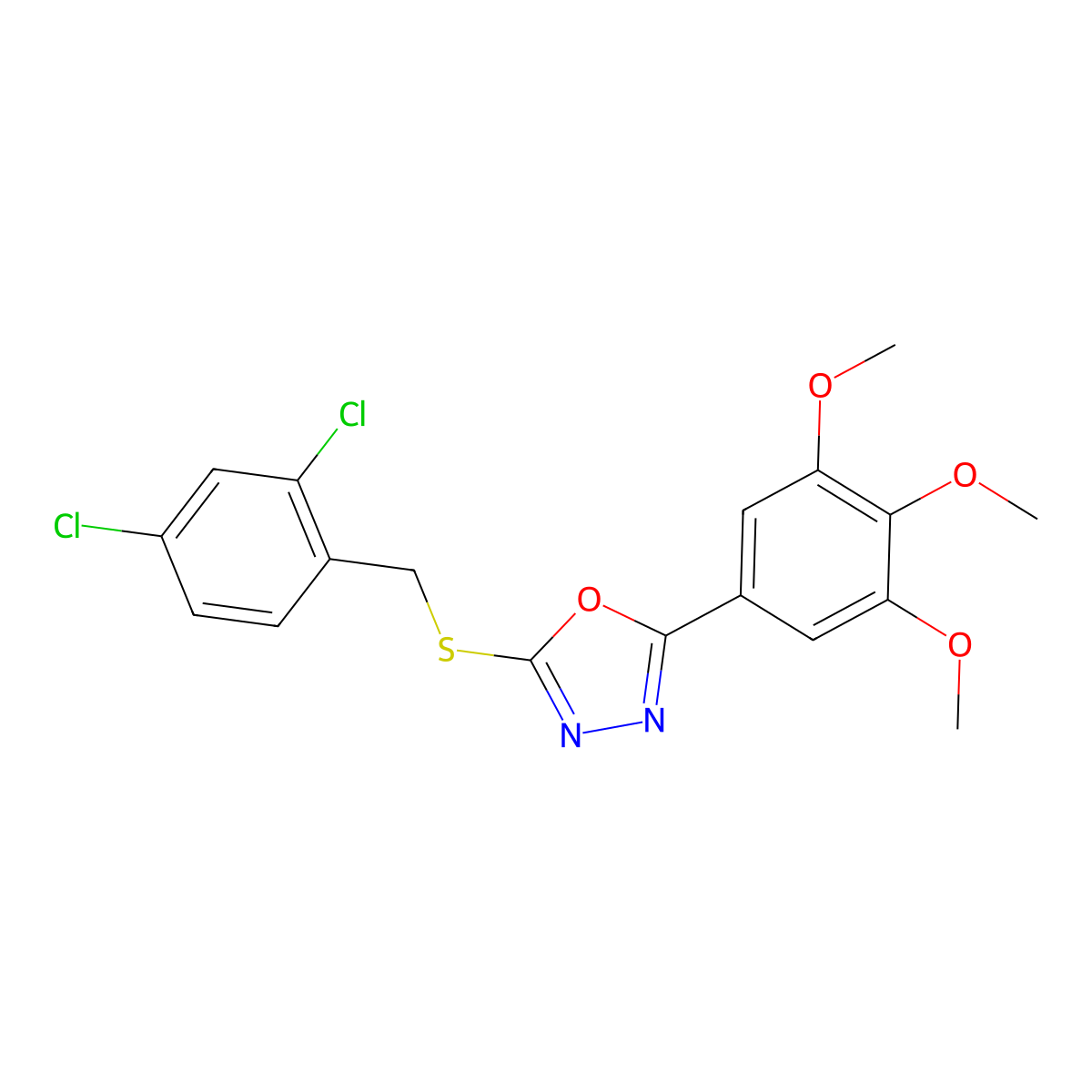2-[(2,4-Dichlorophenyl)methylsulfanyl]-5-(3,4,5-trimethoxyphenyl)-1,3,4-oxadiazole molecular structure, CAS 330210-17-8