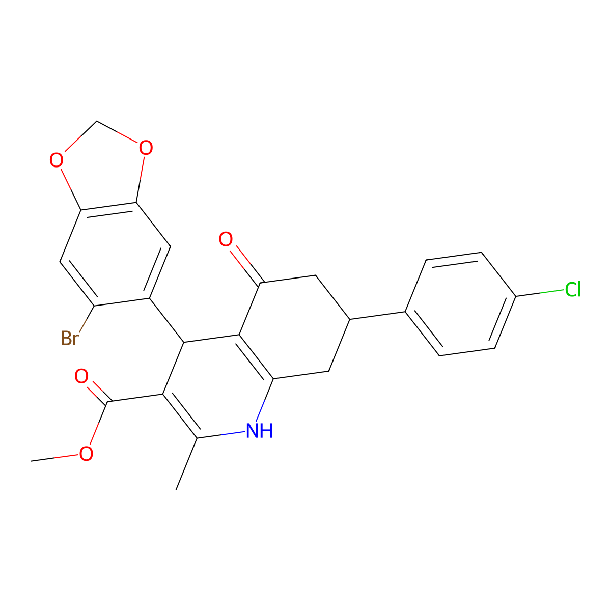 Methyl 4-(6-bromo-1,3-benzodioxol-5-yl)-7-(4-chlorophenyl)-2-methyl-5-oxo-1,4,5,6,7,8-hexahydro-3-quinolinecarboxylate molecular structure, CAS 330216-19-8