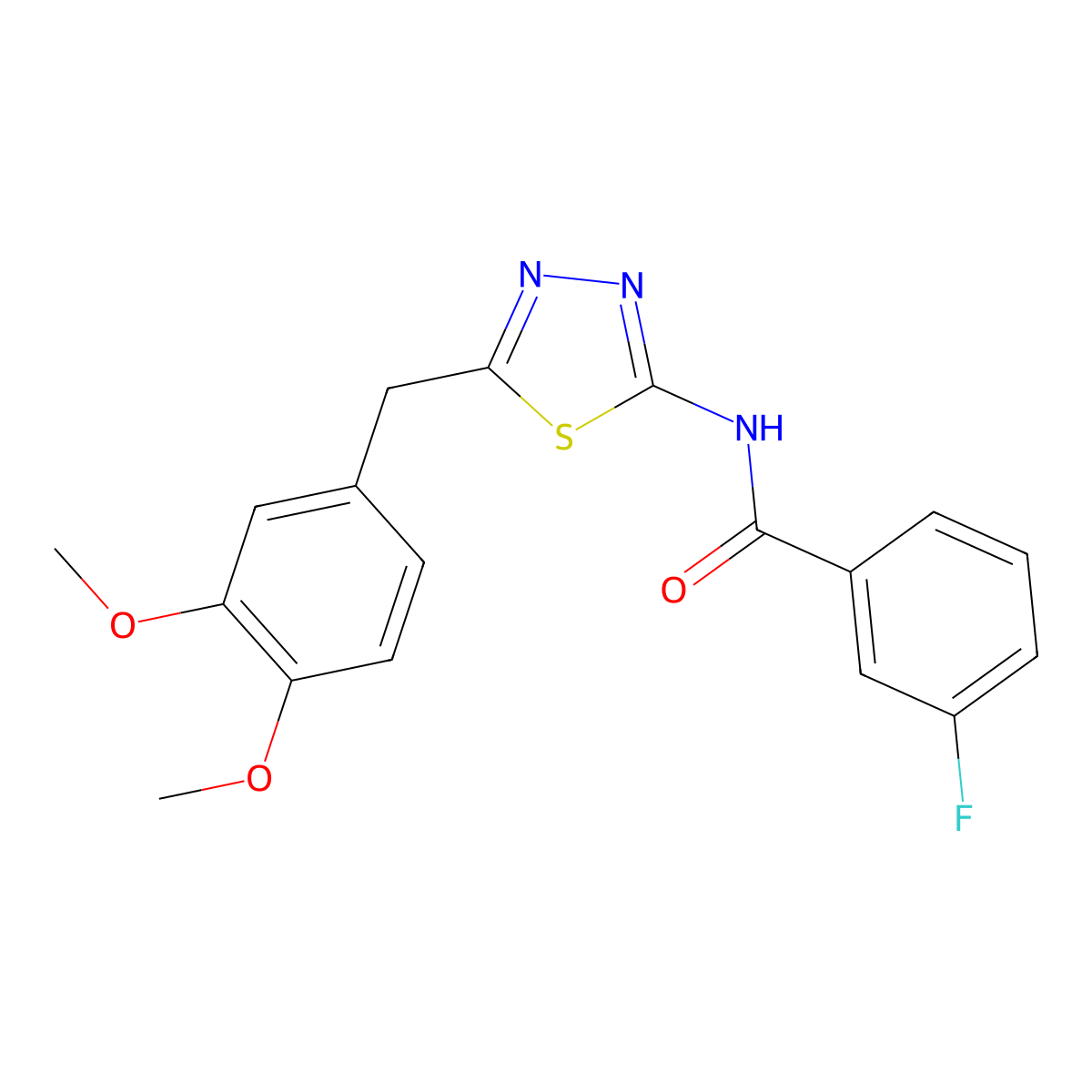 N-[5-[(3,4-dimethoxyphenyl)methyl]-1,3,4-thiadiazol-2-yl]-3-fluorobenzamide molecular structure, CAS 330216-43-8