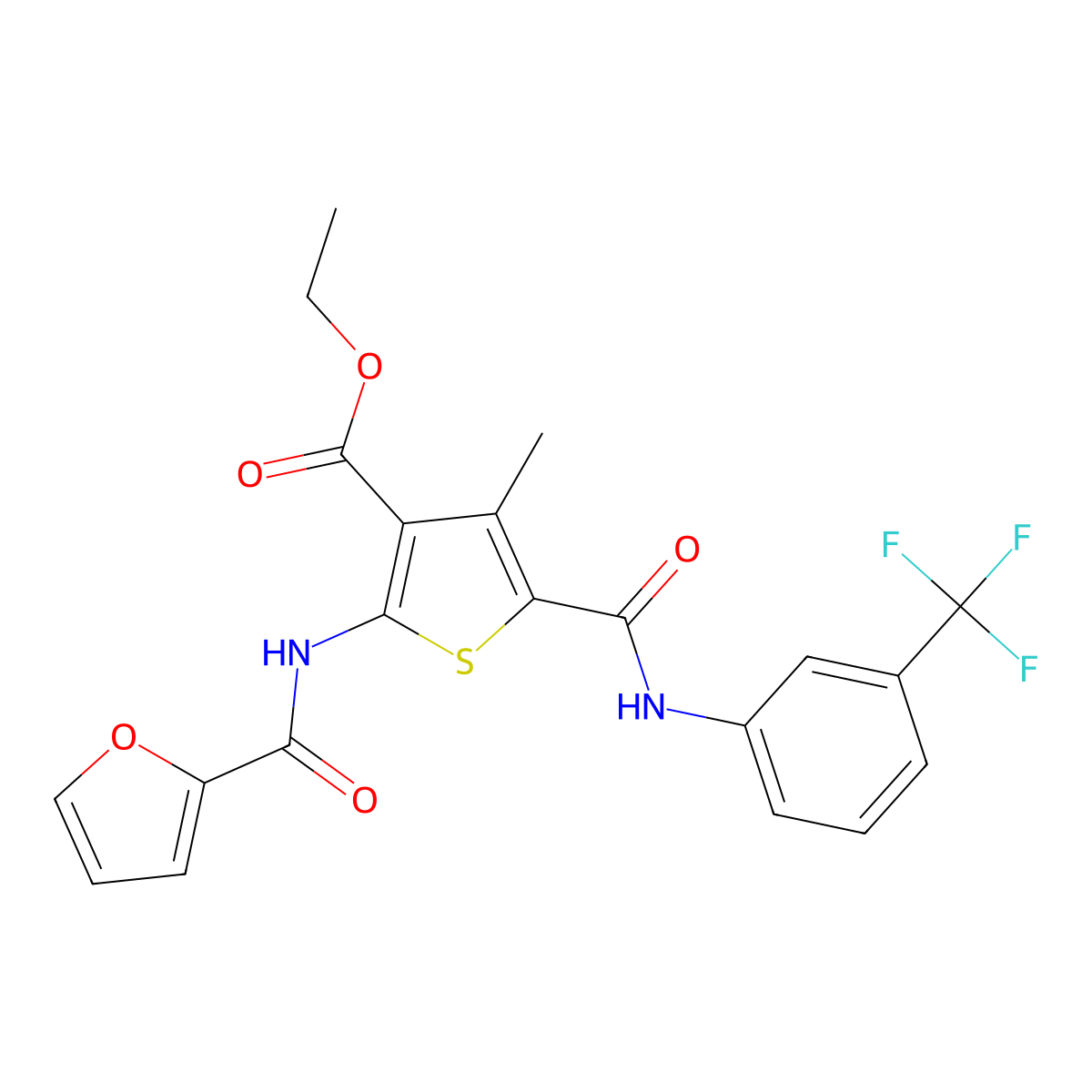Ethyl 2-(2-furoylamino)-4-methyl-5-{[3-(trifluoromethyl)anilino]carbonyl}-3-thiophenecarboxylate molecular structure, CAS 330216-58-5