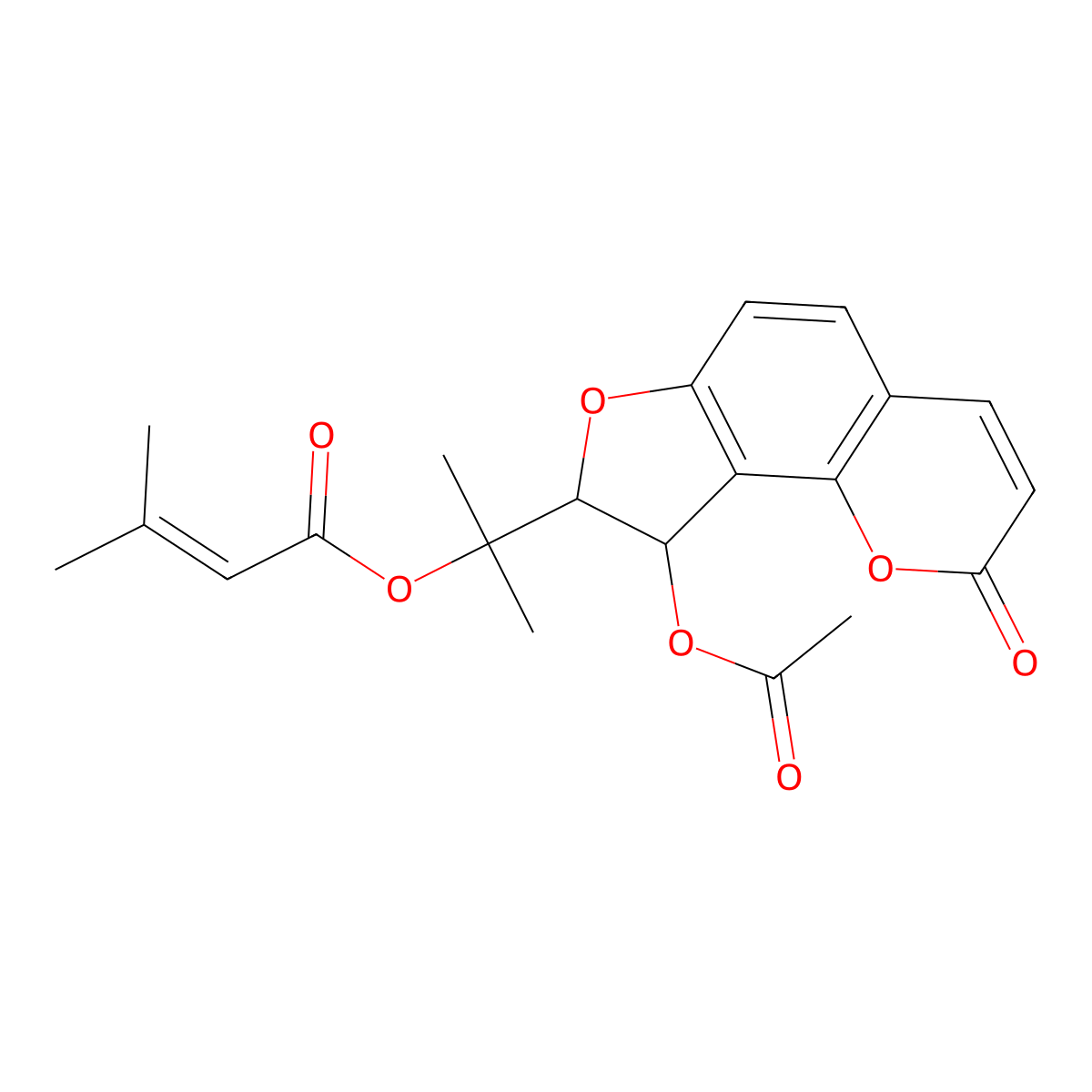 2-Butenoic acid, 3-methyl-, 1-((8S,9R)-9-(acetyloxy)-8,9-dihydro-2-oxo-2H-furo(2,3-h)-1-benzopyran-8-yl)-1-methylethyl ester molecular structure, CAS 33044-93-8