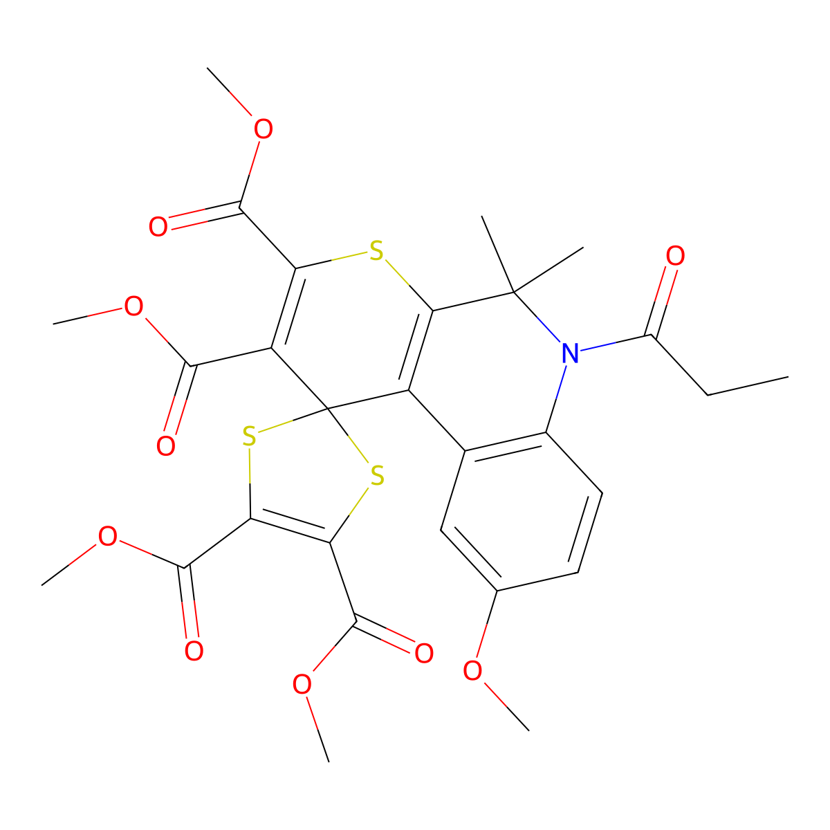 Tetramethyl 9'-methoxy-5',5'-dimethyl-6'-propanoylspiro[1,3-dithiole-2,1'-thiopyrano[2,3-c]quinoline]-2',3',4,5-tetracarboxylate molecular structure, CAS 330440-06-7