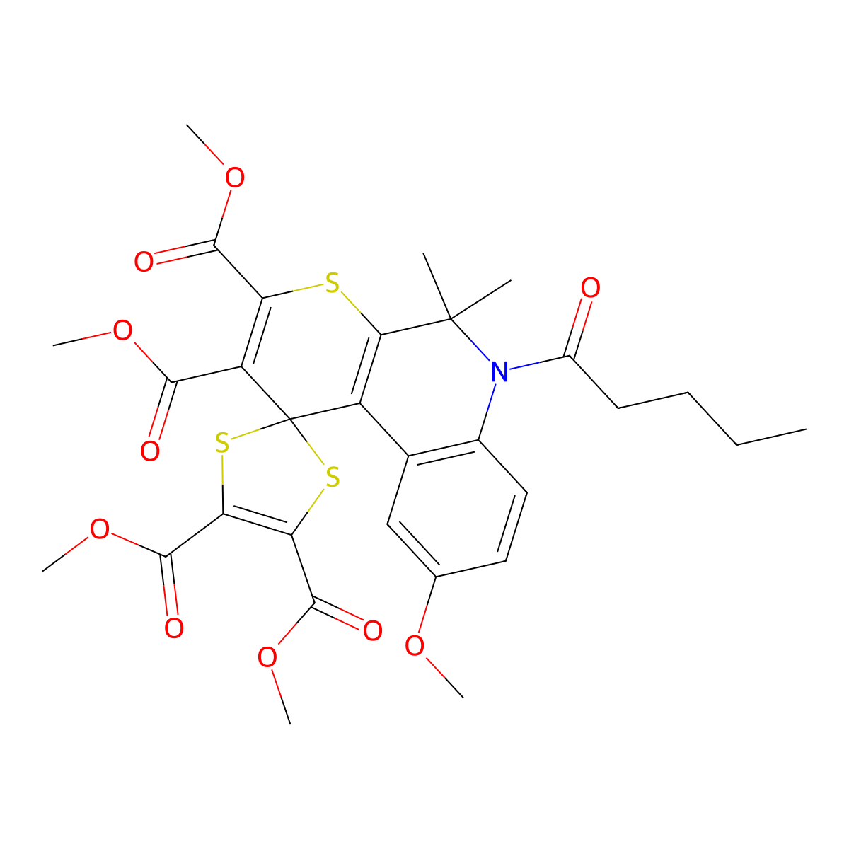 Tetramethyl 9'-methoxy-5',5'-dimethyl-6'-pentanoylspiro[1,3-dithiole-2,1'-thiopyrano[2,3-c]quinoline]-2',3',4,5-tetracarboxylate molecular structure, CAS 330440-07-8