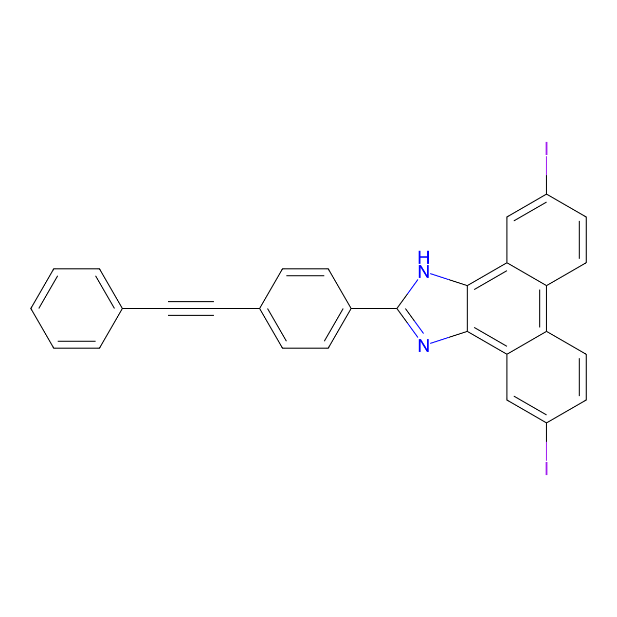 5,10-diiodo-2-[4-(2-phenylethynyl)phenyl]-1H-phenanthro[9,10-d]imidazole molecular structure, CAS 330441-95-7