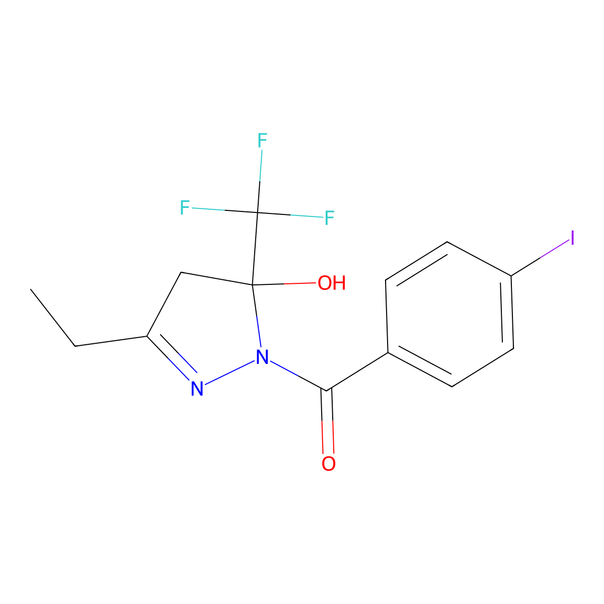 3-Ethyl-1-(4-iodobenzoyl)-5-(trifluoromethyl)-4,5-dihydro-1H-pyrazol-5-ol molecular structure, CAS 330451-69-9