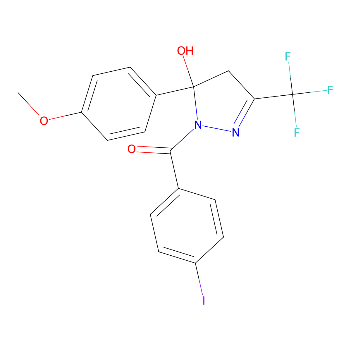 1-(4-iodobenzoyl)-5-(4-methoxyphenyl)-3-(trifluoromethyl)-4,5-dihydro-1H-pyrazol-5-ol molecular structure, CAS 330451-70-2