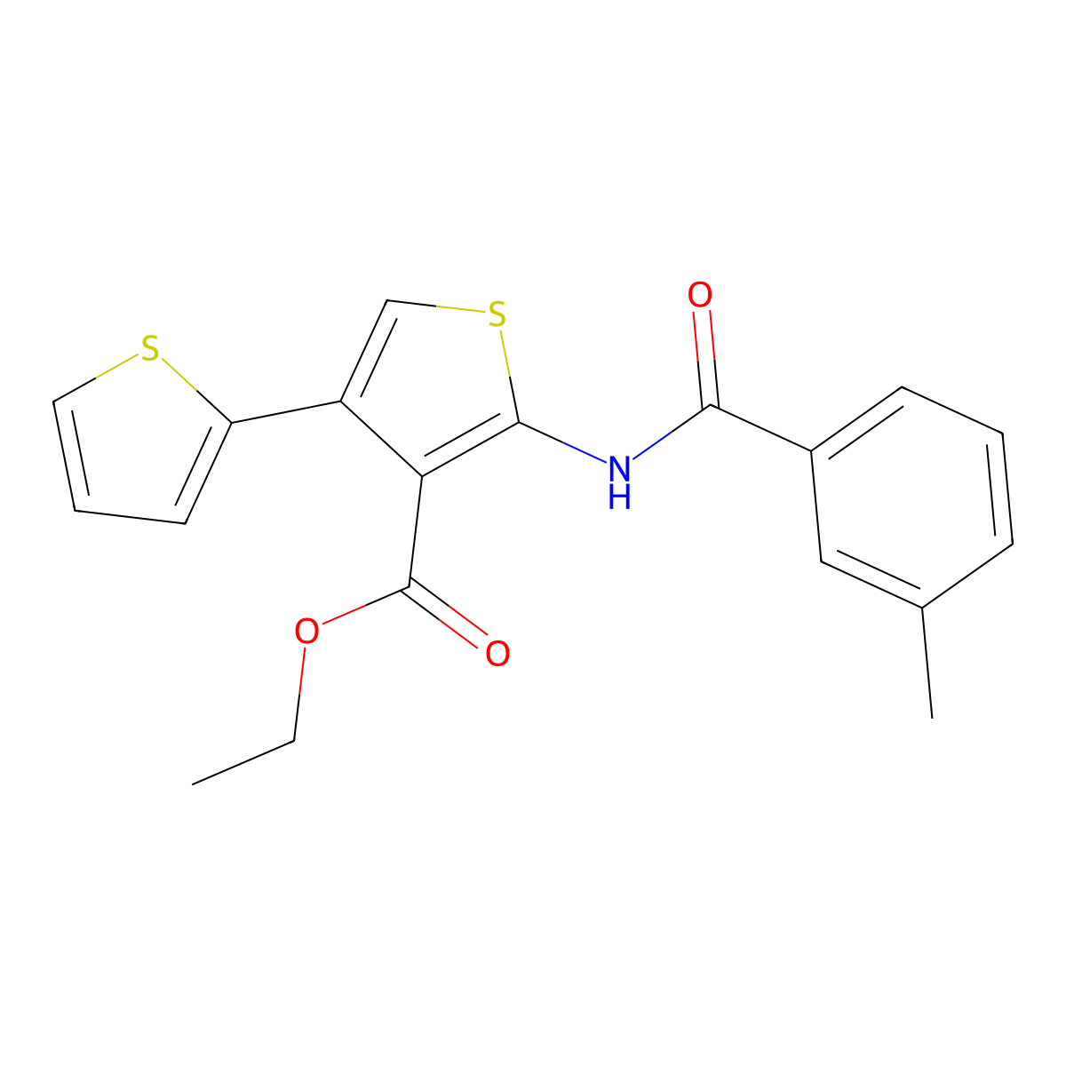 Ethyl 2-[(3-methylbenzoyl)amino]-4-thiophen-2-ylthiophene-3-carboxylate molecular structure, CAS 330460-20-3