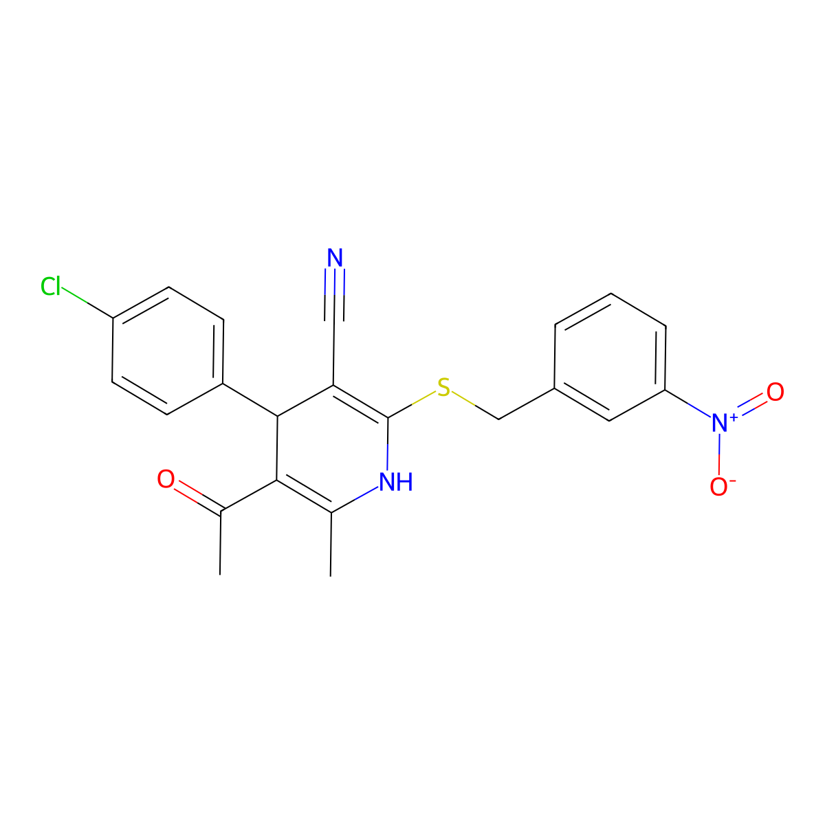 5-Acetyl-4-(4-chlorophenyl)-2-({3-nitrobenzyl}sulfanyl)-6-methyl-1,4-dihydro-3-pyridinecarbonitrile molecular structure, CAS 330465-51-5