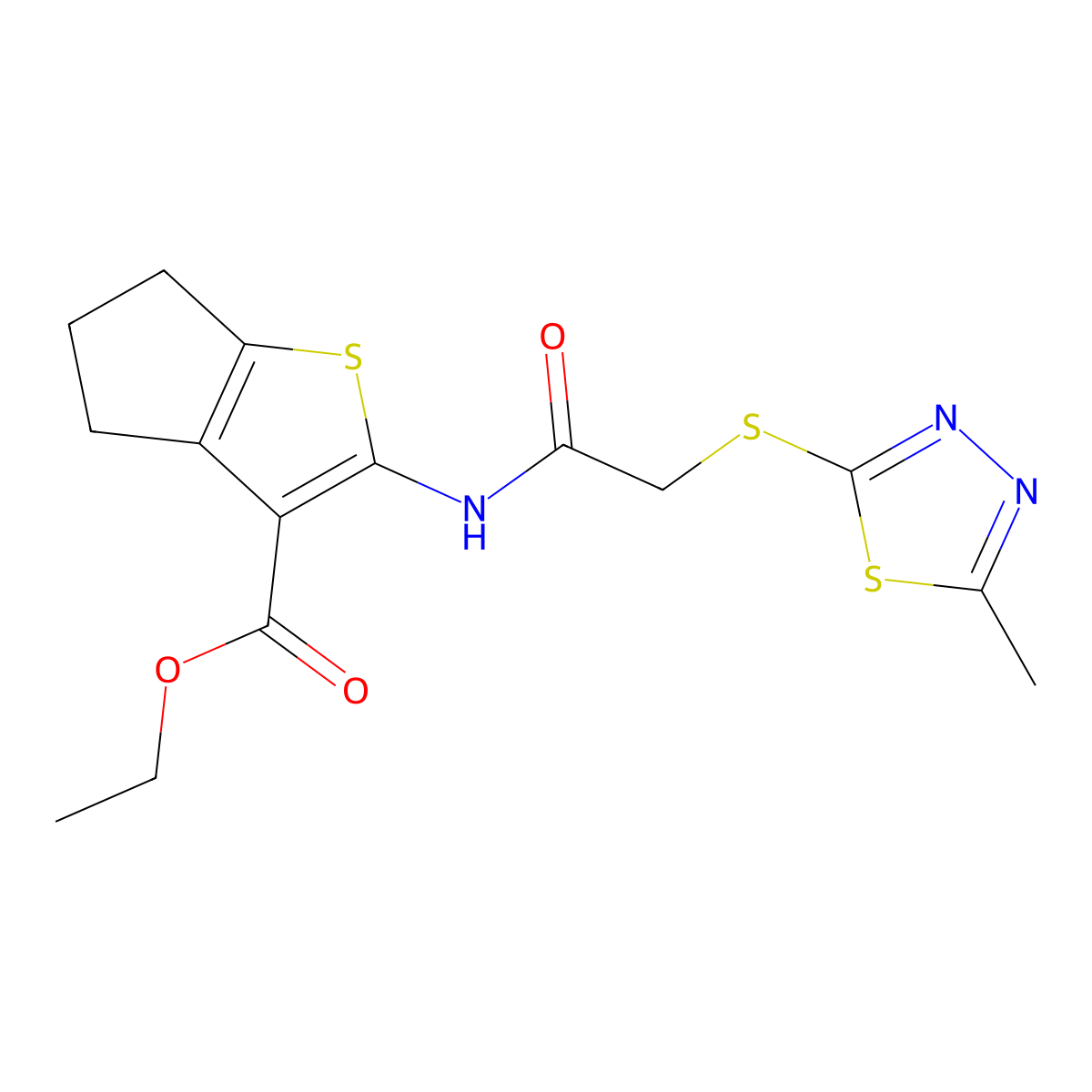ethyl 2-({[(5-methyl-1,3,4-thiadiazol-2-yl)sulfanyl]acetyl}amino)-5,6-dihydro-4H-cyclopenta[b]thiophene-3-carboxylate molecular structure, CAS 330465-61-7