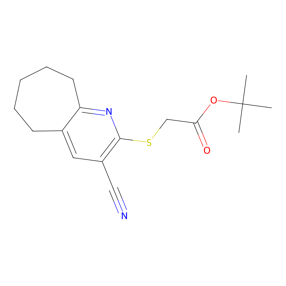 tert-butyl 2-[(3-cyano-6,7,8,9-tetrahydro-5H-cyclohepta[b]pyridin-2-yl)sulfanyl]acetate molecular structure, CAS 330472-78-1