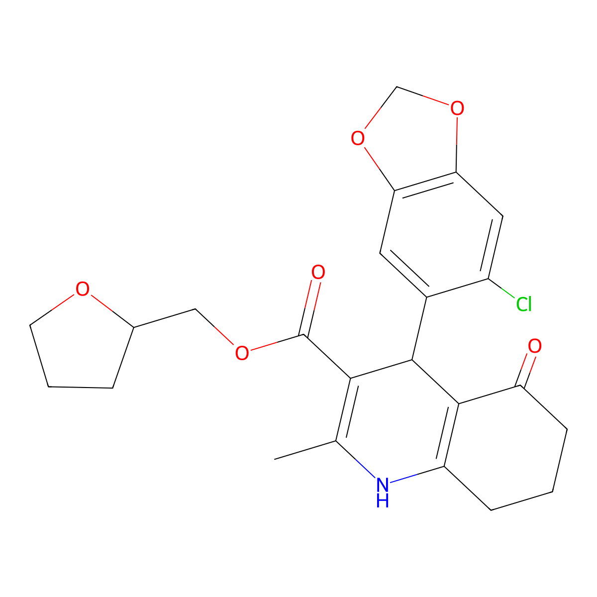 Tetrahydro-2-furanylmethyl 4-(6-chloro-1,3-benzodioxol-5-yl)-2-methyl-5-oxo-1,4,5,6,7,8-hexahydro-3-quinolinecarboxylate molecular structure, CAS 330551-35-4