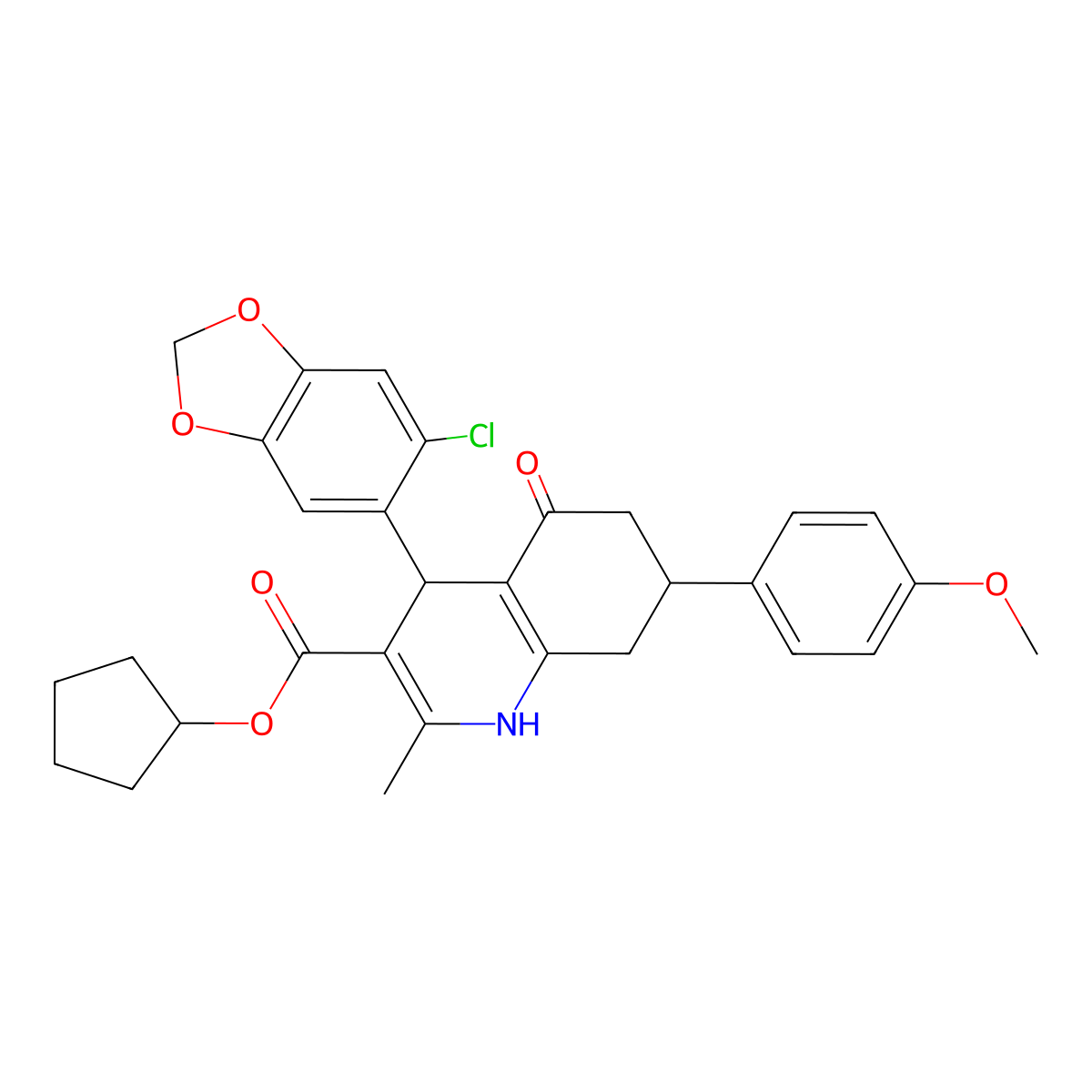 Cyclopentyl 4-(6-chloro-1,3-benzodioxol-5-yl)-7-(4-methoxyphenyl)-2-methyl-5-oxo-1,4,5,6,7,8-hexahydroquinoline-3-carboxylate molecular structure, CAS 330551-37-6