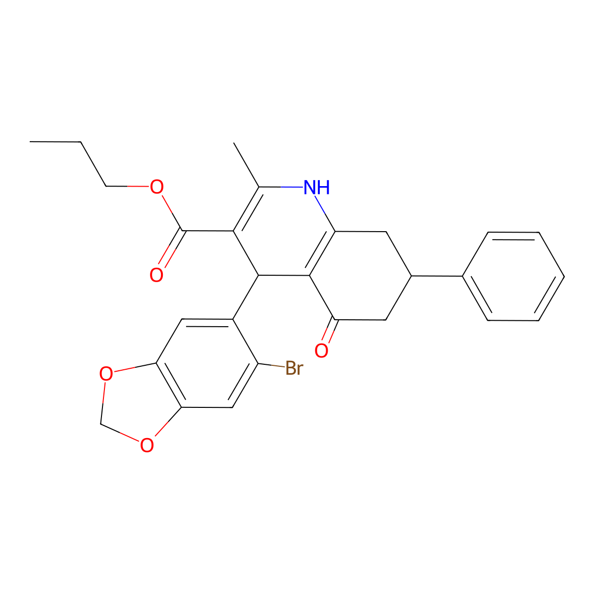 Propyl 4-(6-bromo-1,3-benzodioxol-5-yl)-2-methyl-5-oxo-7-phenyl-1,4,5,6,7,8-hexahydro-3-quinolinecarboxylate molecular structure, CAS 330551-48-9